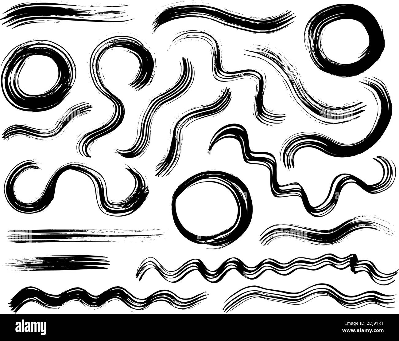 Curved black paint brush strokes with circles. Stock Vector