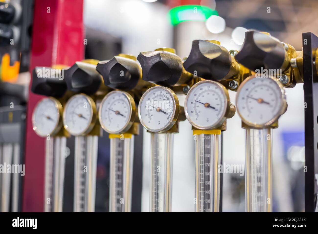 Flowmeter, rotameter - flow regulator for cooling system of injection machine Stock Photo