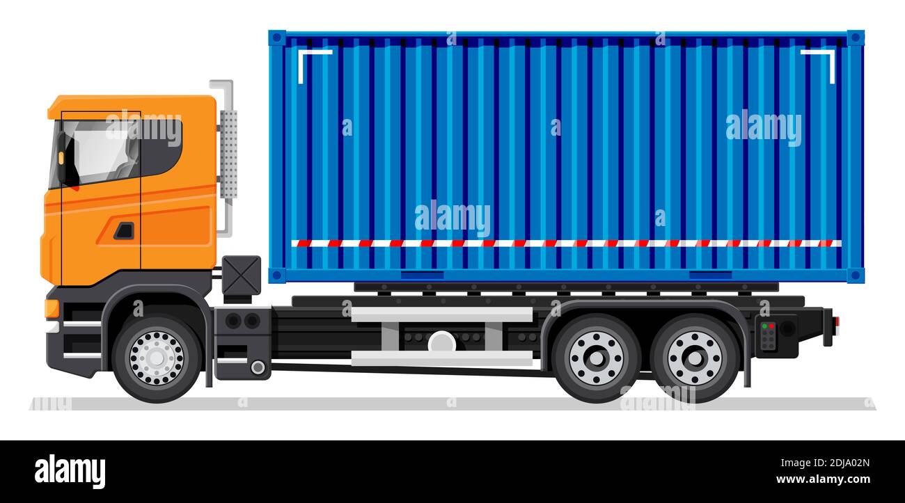 Container vehicle isolated on white background. Express delivering services commercial truck. Concept of fast and free delivery by car. Cargo and logistic. Cartoon flat vector illustration Stock Vector