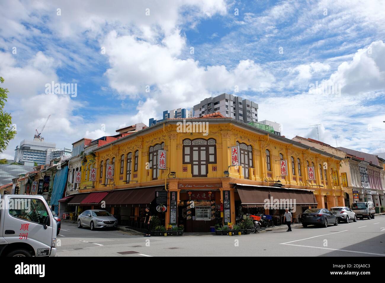View of conservation shophouses along Syed Alwi Road in the Jalan Besar enclave, Singapore Stock Photo
