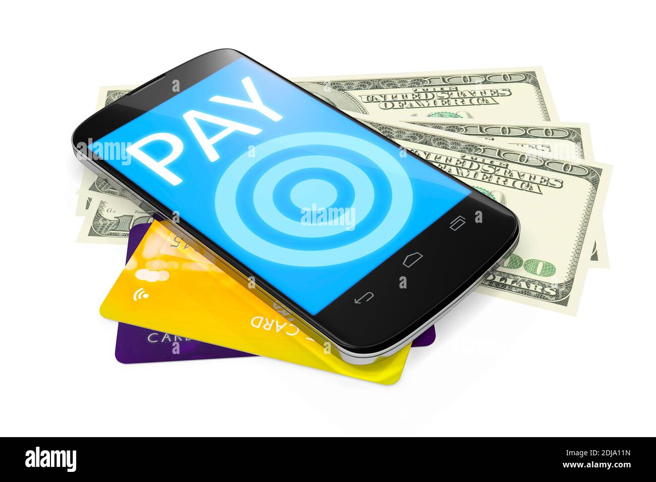 3d rendering of a smartphone, dollar notes and credit cards for mobile payment Stock Photo