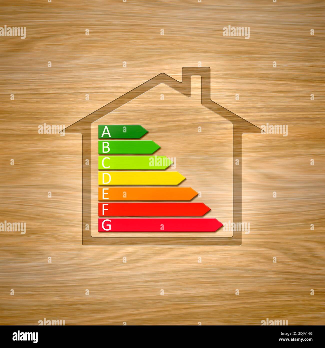 An image of a wooden house with energy efficiency graph Stock Photo
