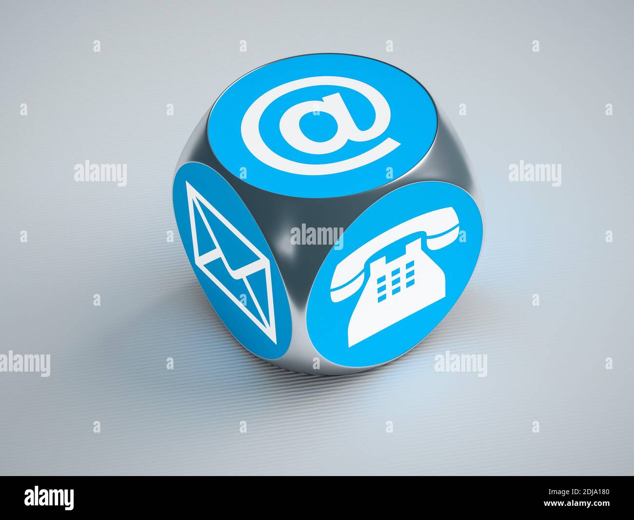 3d rendering of a turquoise cube with signs for email phone and letter Stock Photo