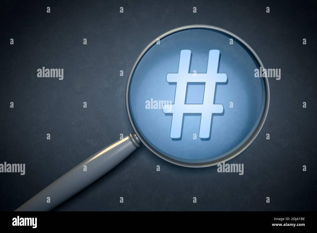 3d rendering of a magnifying glass hashtag sign Stock Photo