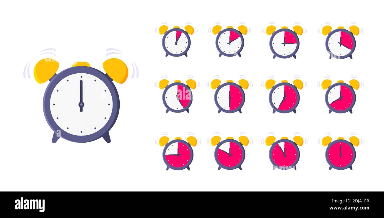 Minutes countdown on analog clock face flat style design vector illustration icon sign set isolated on white background. Analogue wall clock minutes t Stock Vector