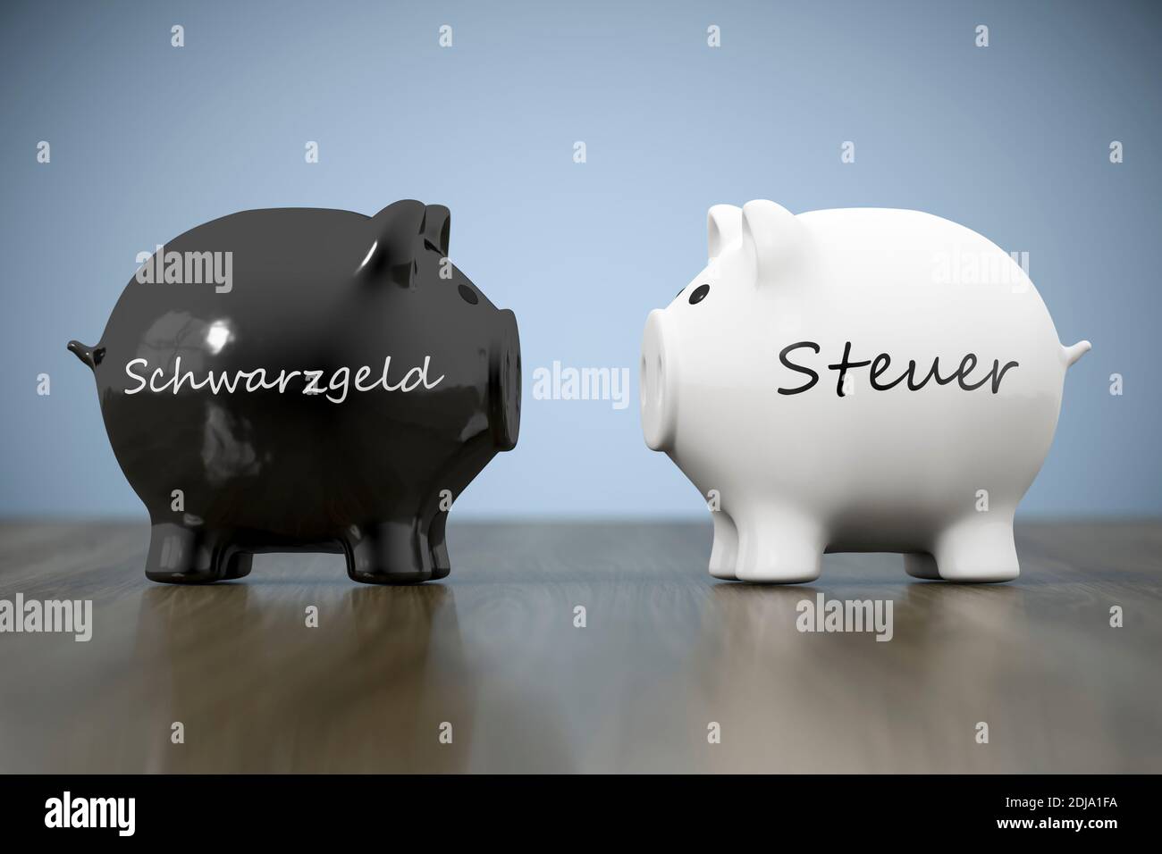 3d rendering of two piggy banks with the words black money and tax in german language Stock Photo