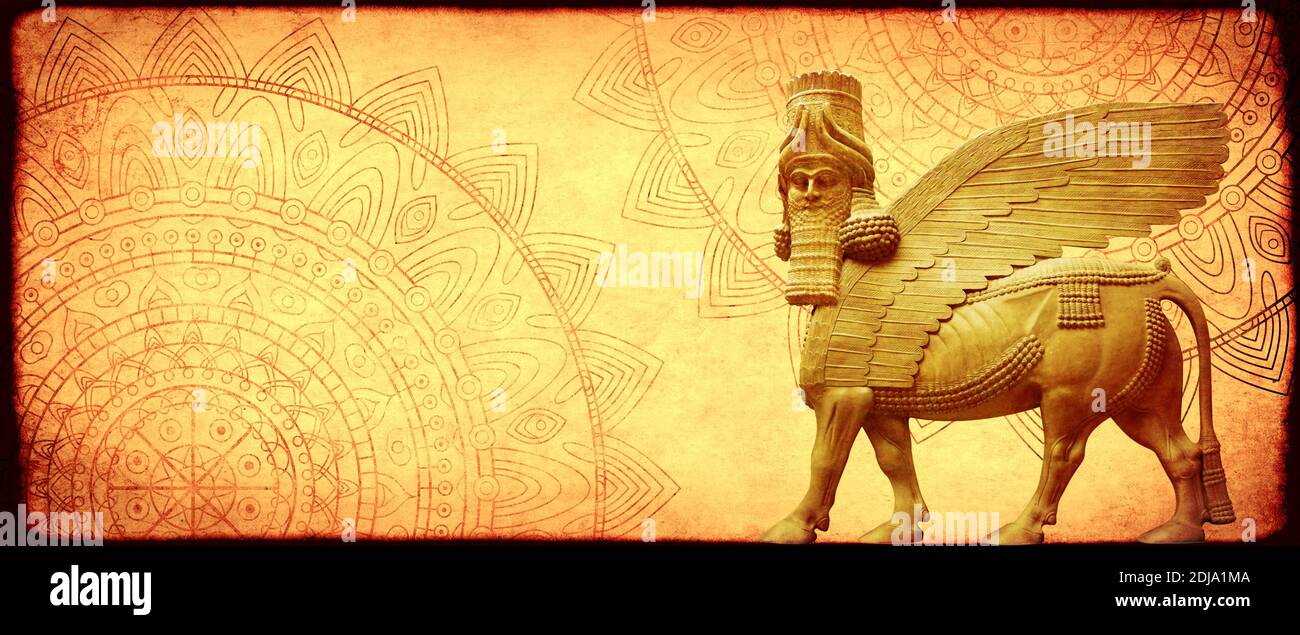 Grunge background with paper texture, zentangle mandala pattern and lamassu - human-headed winged bull statue, Assyrian protective deity. Copy space f Stock Photo