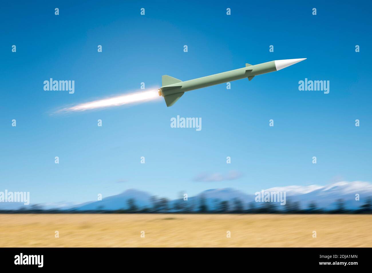 3d illustration of a nuclear rocket bomb flying over a landscape field