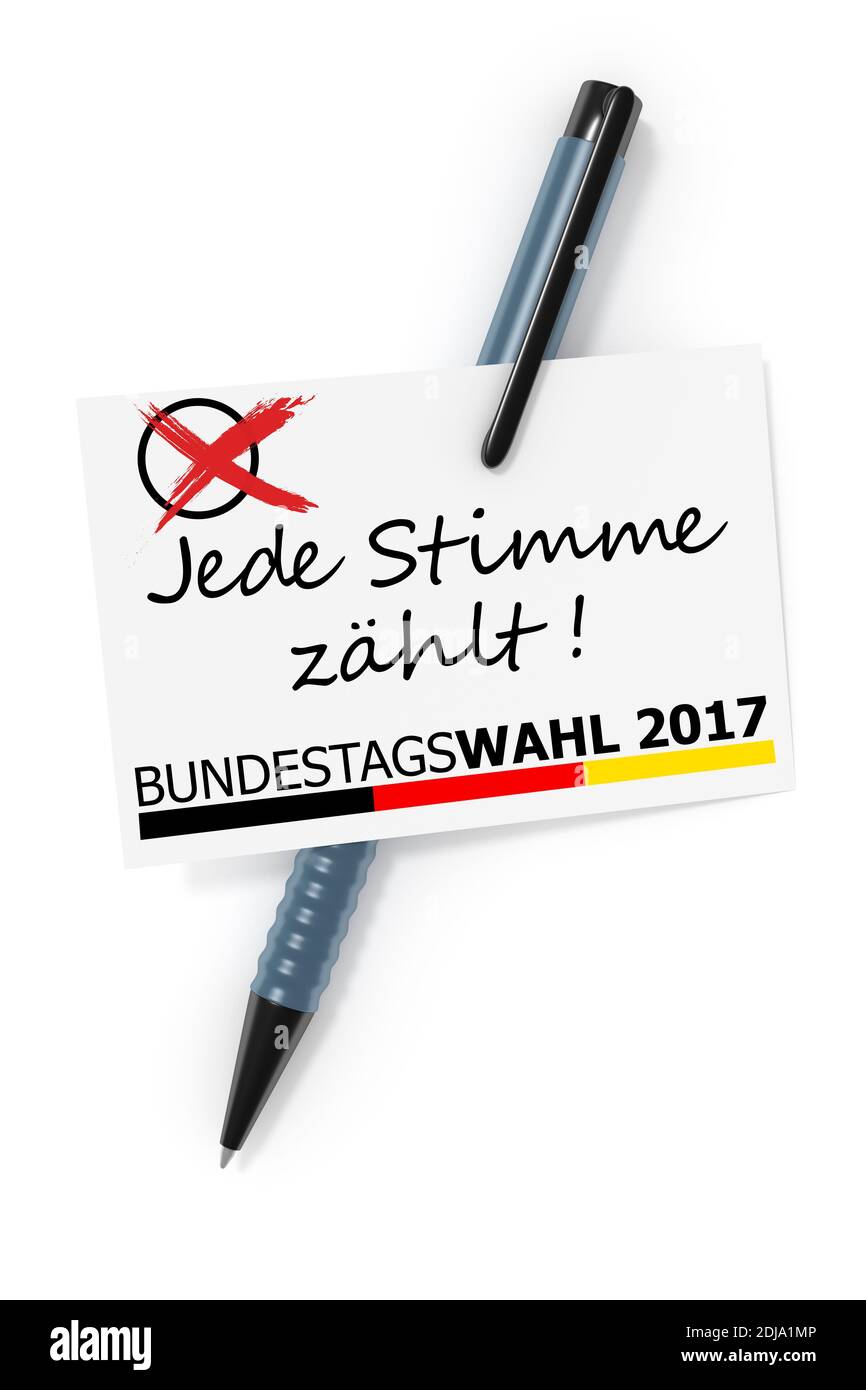 3d rendering of a business card and a ball pen and the text federal Elections 2017 each vote counts in German language Stock Photo