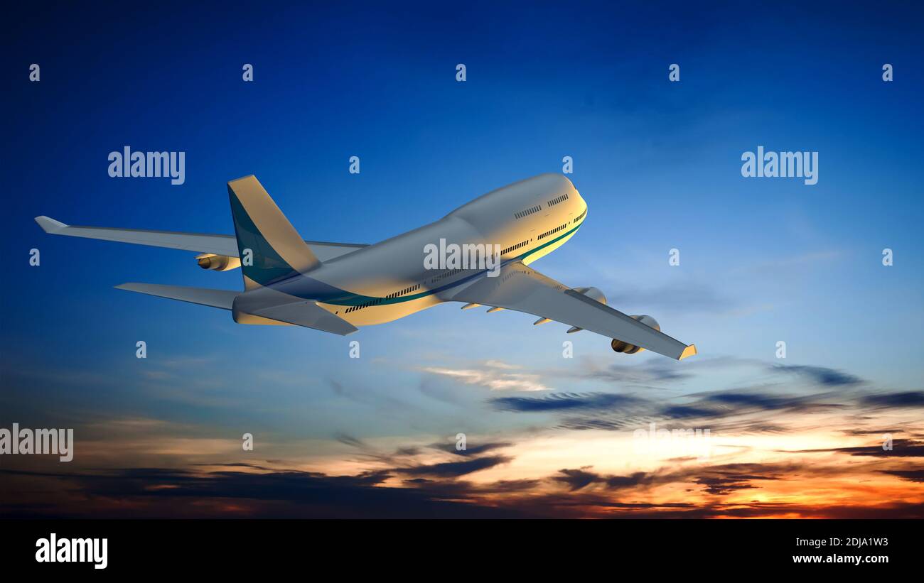 3D illustration of an Airplane and the sunset sky Stock Photo