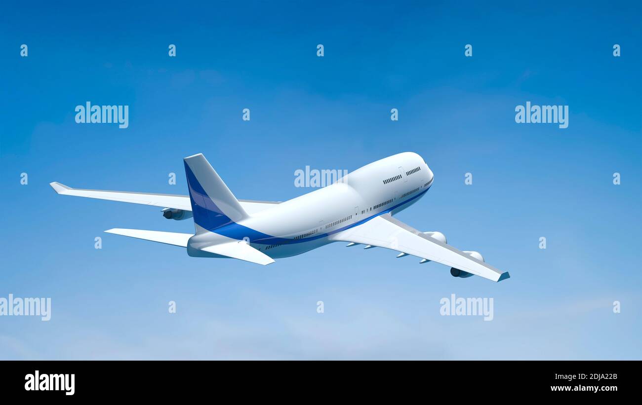 3d illustration of an airplane in the blue sky Stock Photo