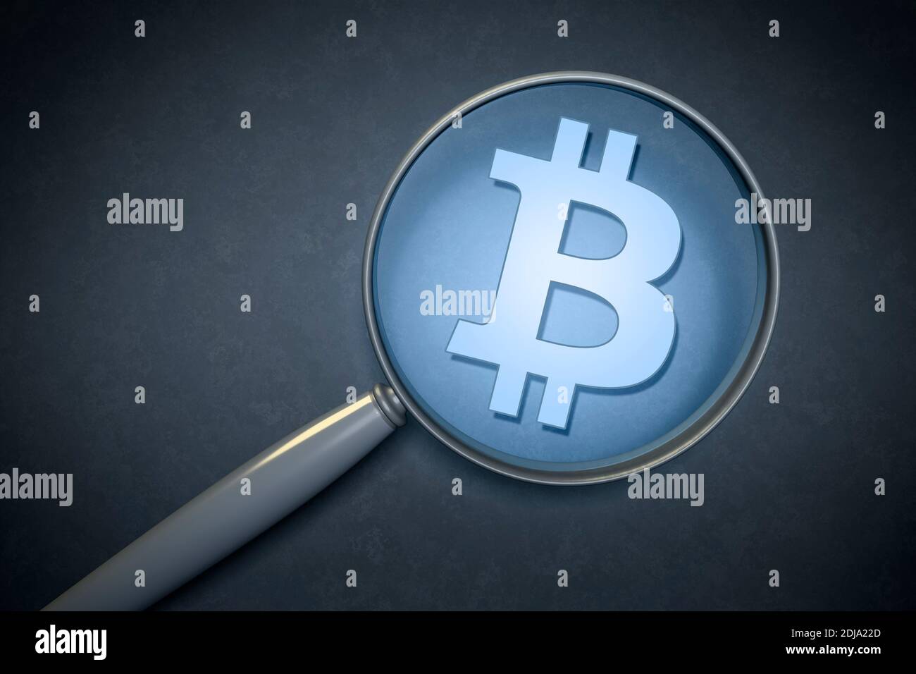 Illustration of a magnifying glass with a bitcoin sign Stock Photo