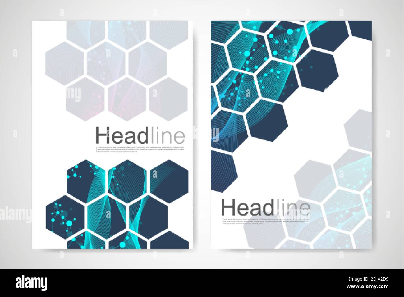 Vector templates for brochure magazine leaflet flyer cover booklet annual report. Modern futuristic hexagonal pattern with particle, molecule Stock Vector