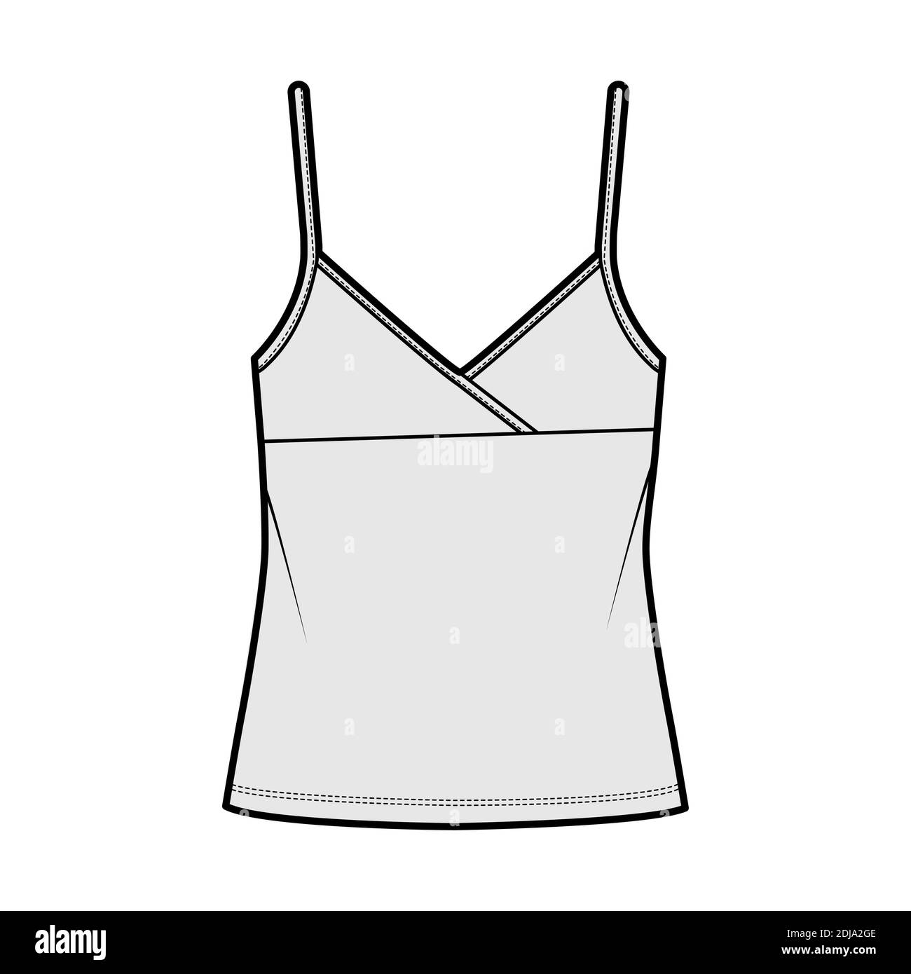 Camisole surplice tank cotton-jersey top technical fashion illustration with empire seam, thin adjustable straps, oversized. Flat outwear template front, grey color. Women men CAD mockup Stock Vector