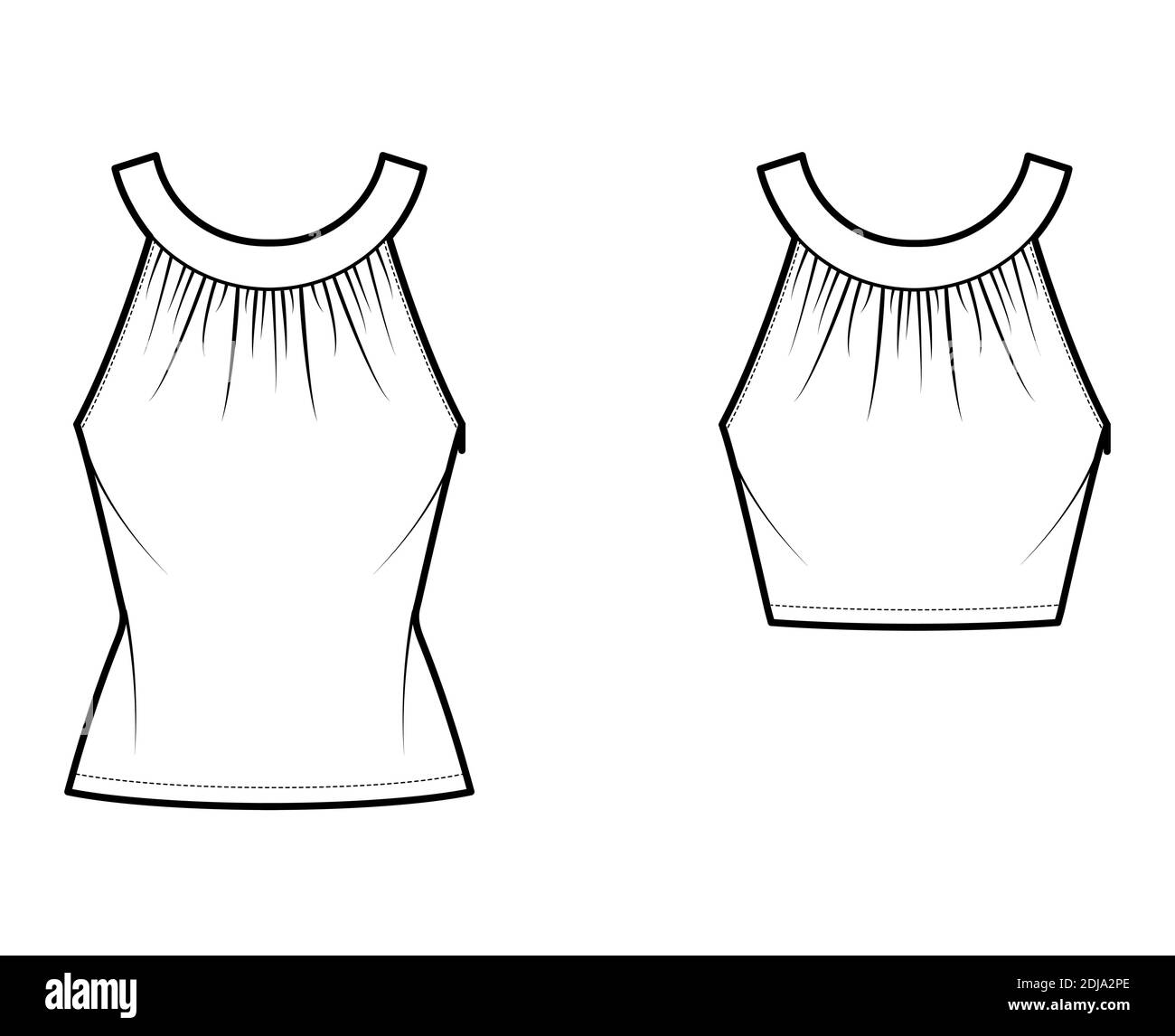 Set of Tops rounded neck band tank technical fashion illustration with ruching, fitted body, tunic and waist length hem, button keyhole. Flat template front white color. Women, men unisex CAD mockup Stock Vector