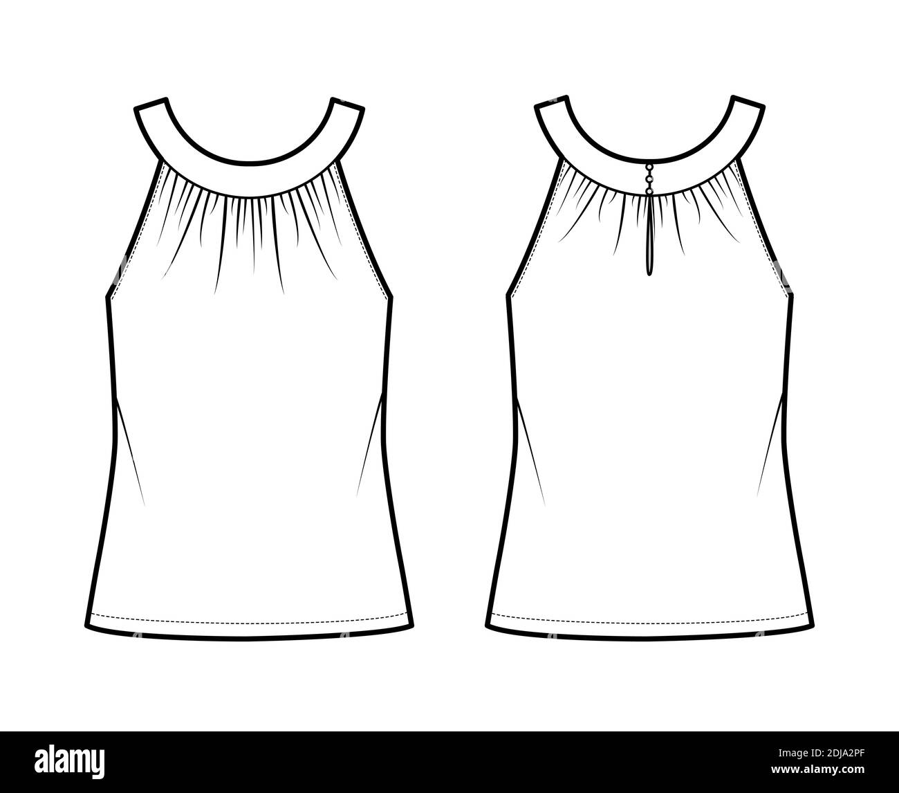 Top rounded neck band tank technical fashion illustration with ruching ...