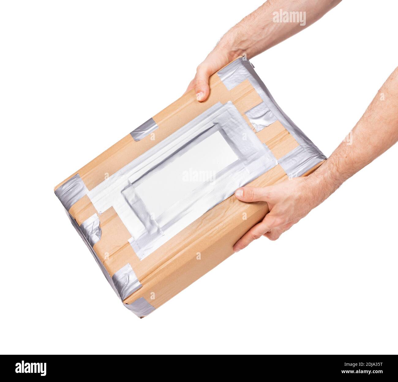 Receiving a package, blank label, isolated on a white background Stock ...