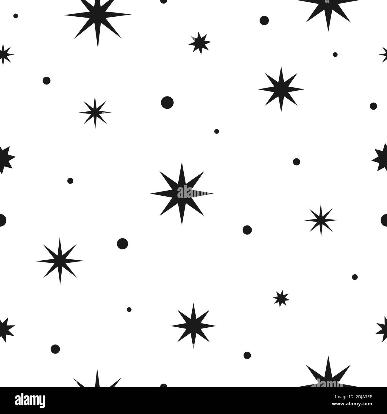 Seamless cute pattern with black stars or sparkles and snow on white background. Vector illustration. Magic fireworks. Bright Stardust background. Con Stock Vector
