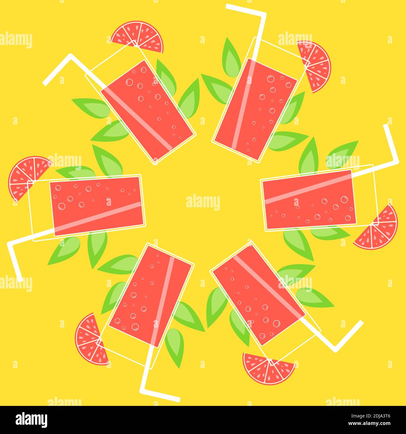 A round wreath of cocktails with straws. A simple flat vector illustration isolated on a yellow background. Stock Vector