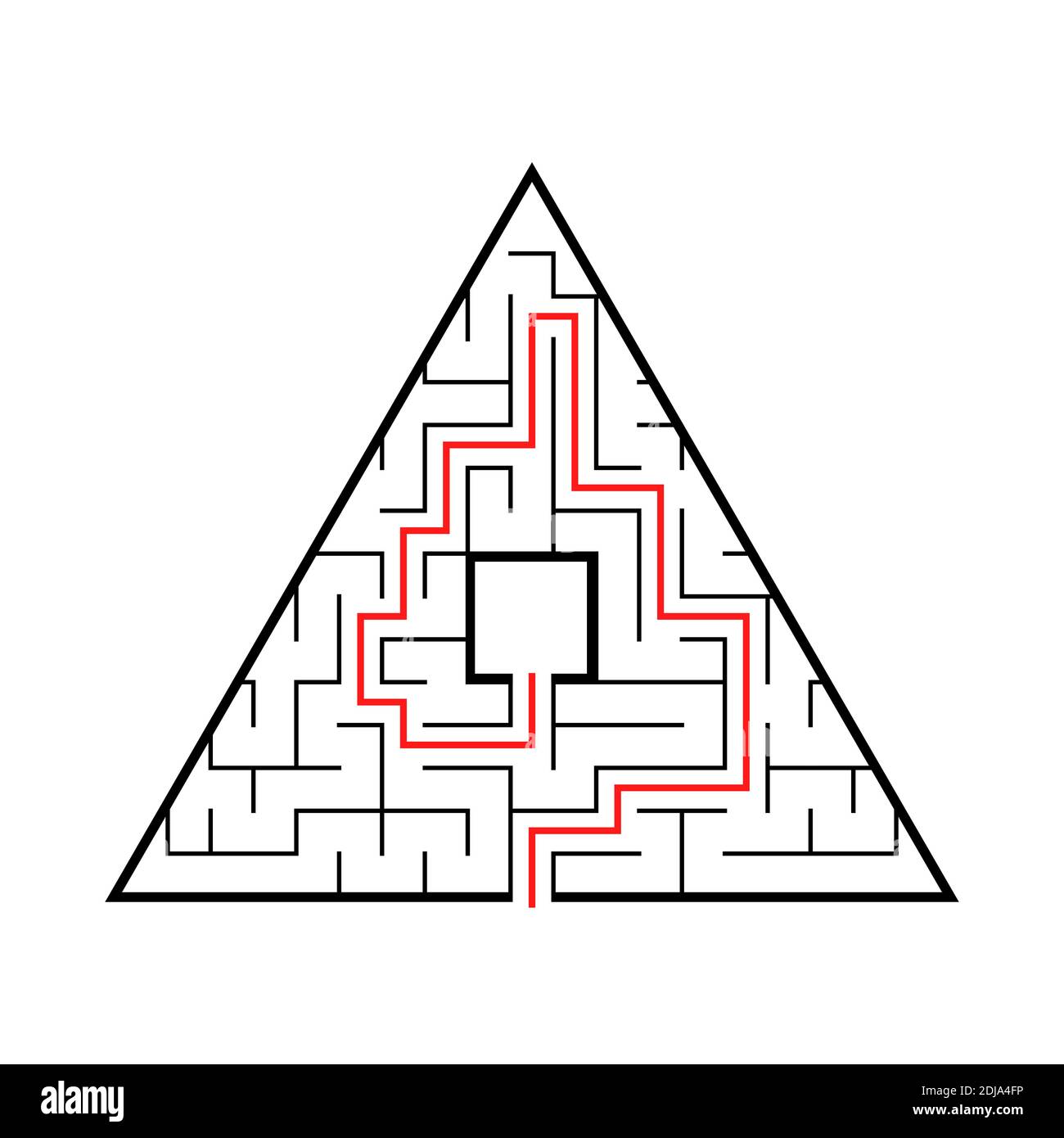 Triangular labyrinth with an input and an exit. A simple flat vector illustration isolated on a pink background. With the answer Stock Vector