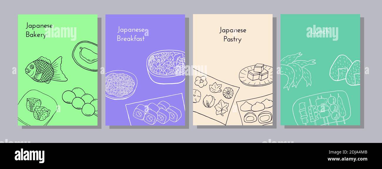 Hand drawn poster set with yakitori, tempura, sushi, onigiri, nabe, soba, taiyaki, yokan, mocha, namagashi, dango. Design sketch element for menu cafe Stock Vector