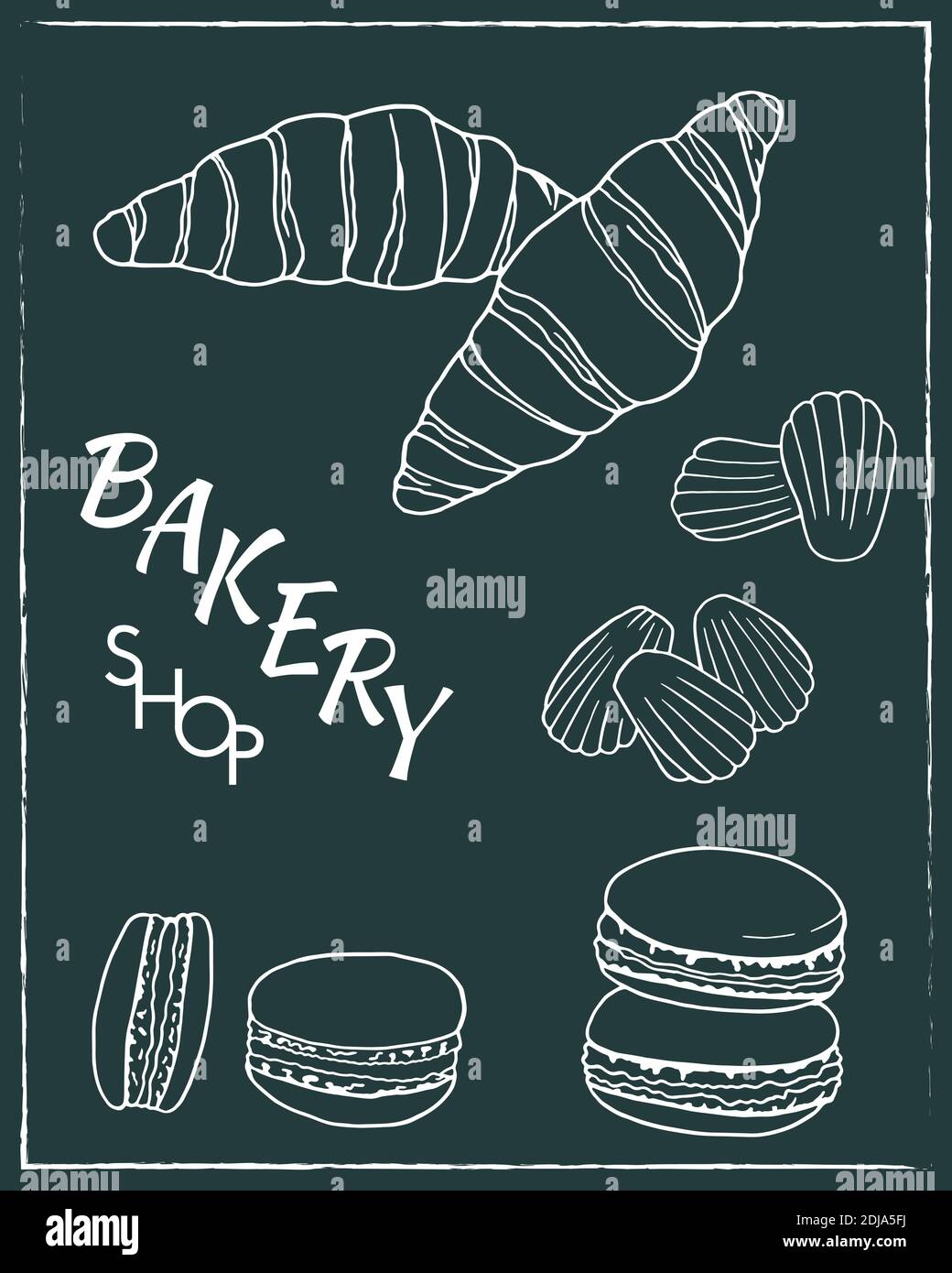 Hand drawn set of bakery shop poster with croissant, macaron, madeleine. Design sketch element for menu cafe, bistro, restaurant, bakery and packaging Stock Vector