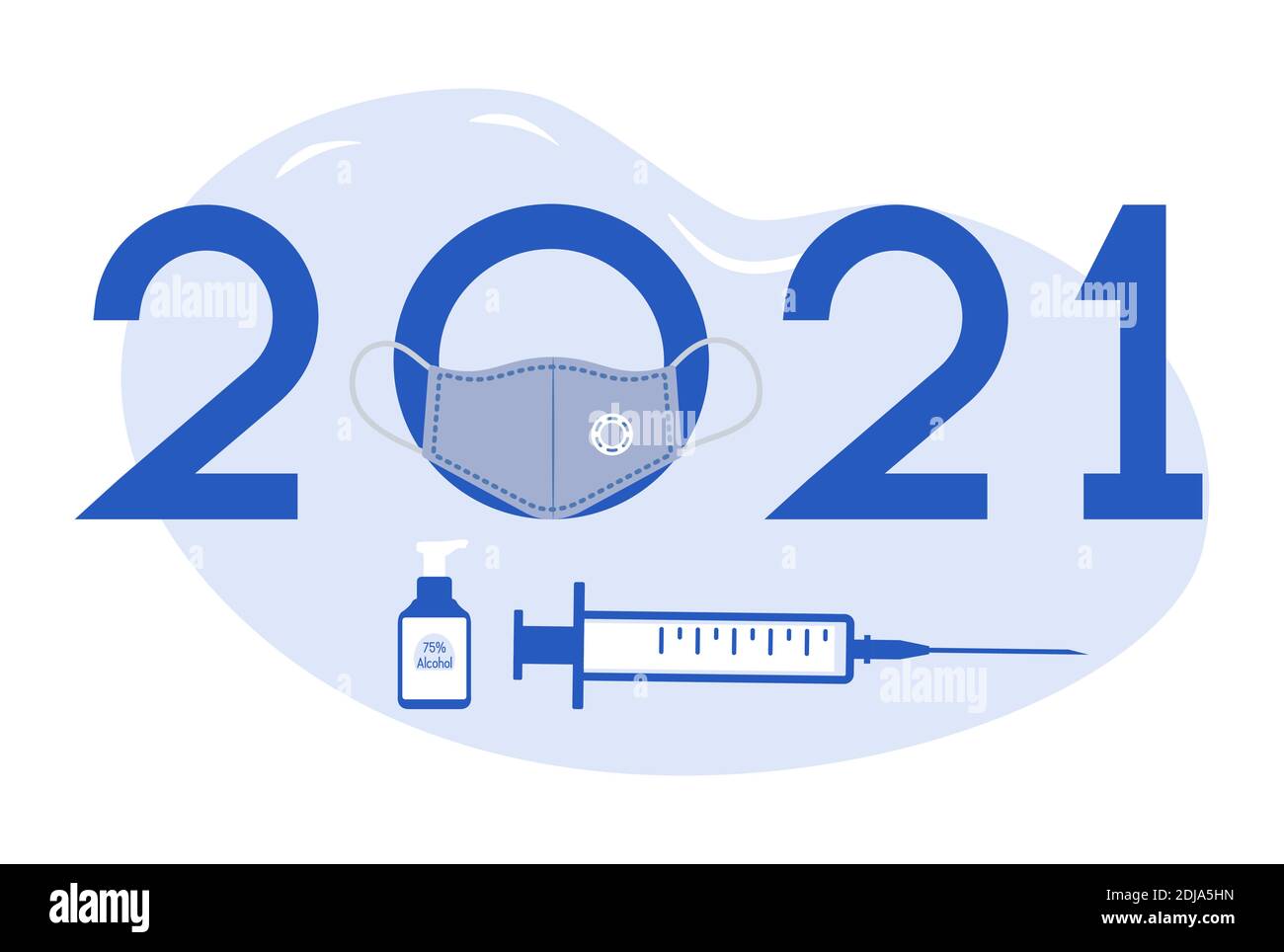 Vector illustration Happy New Year 2021 Vaccination against coronavirus ...