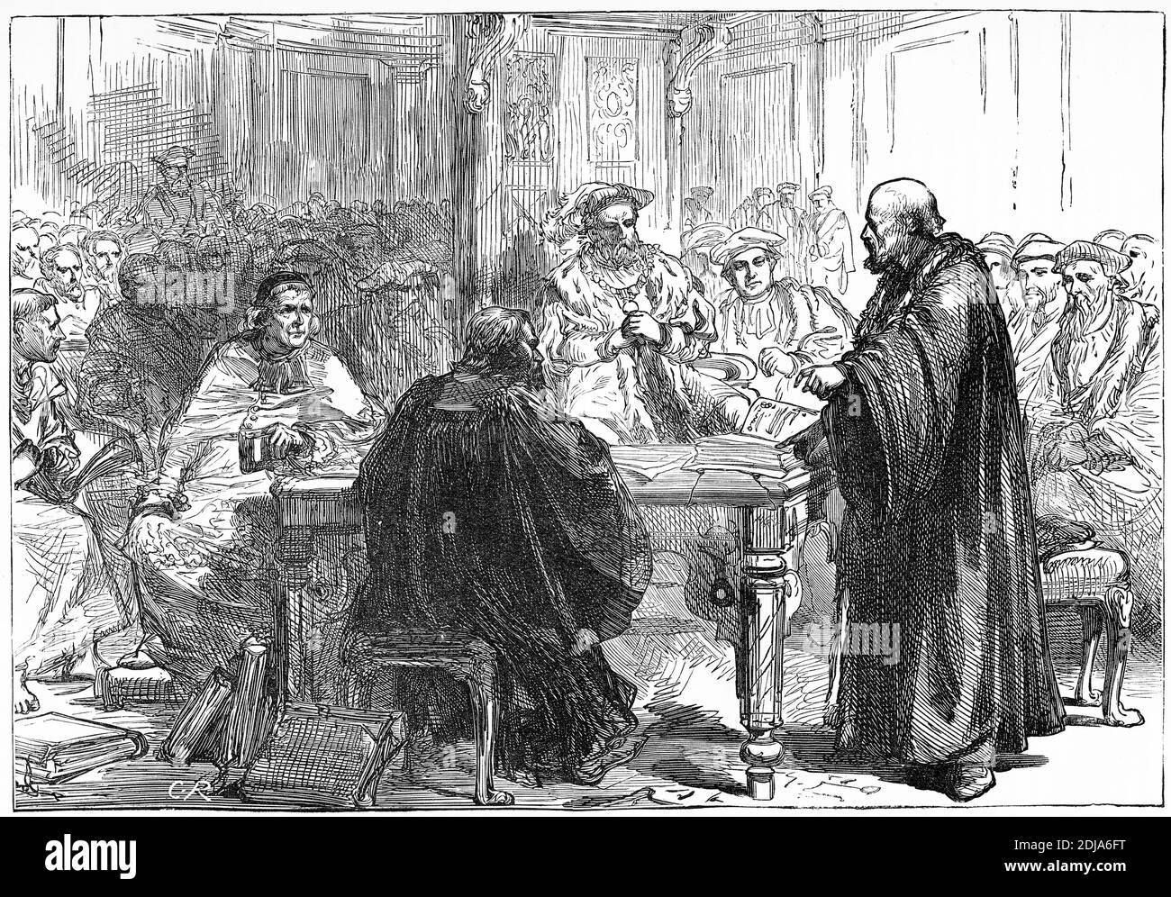 Engraving of Pastor Olaf at the 1593 ecclesiastical conference of the Lutheran Church of Sweden.  llustration from 'The history of Protestantism' by James Aitken Wylie (1808-1890), pub. 1878 Stock Photo