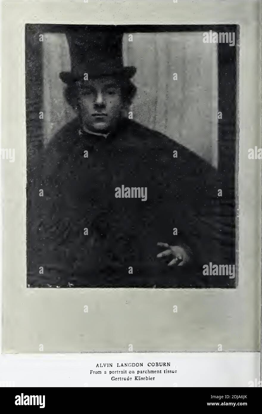 Vintage 1904 photograph of Alvin Langdon Coburn by renowned woman photographer Gertrude Kasebier. Coburn is strikingly dressed in cape and top hat. Stock Photo