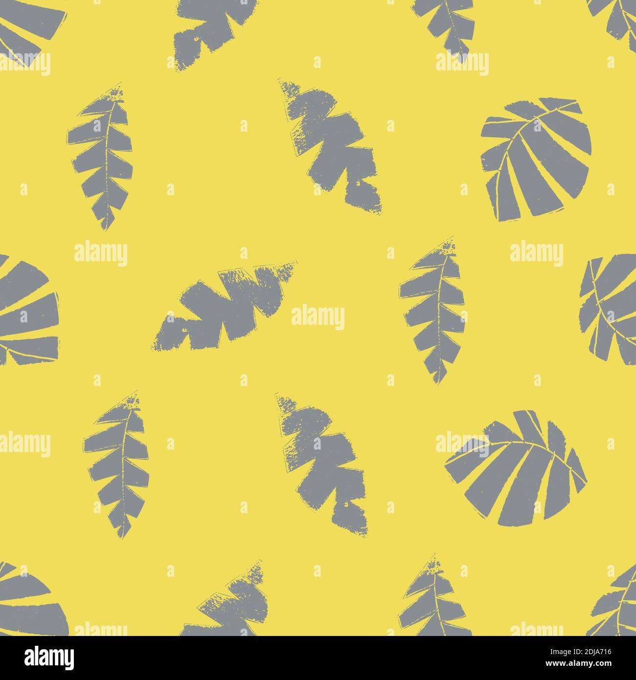 Mono print style scattered leaves seamless vector pattern background. Textured cut out grey foliage on yellow backdrop. Hand crafted painterly design Stock Vector
