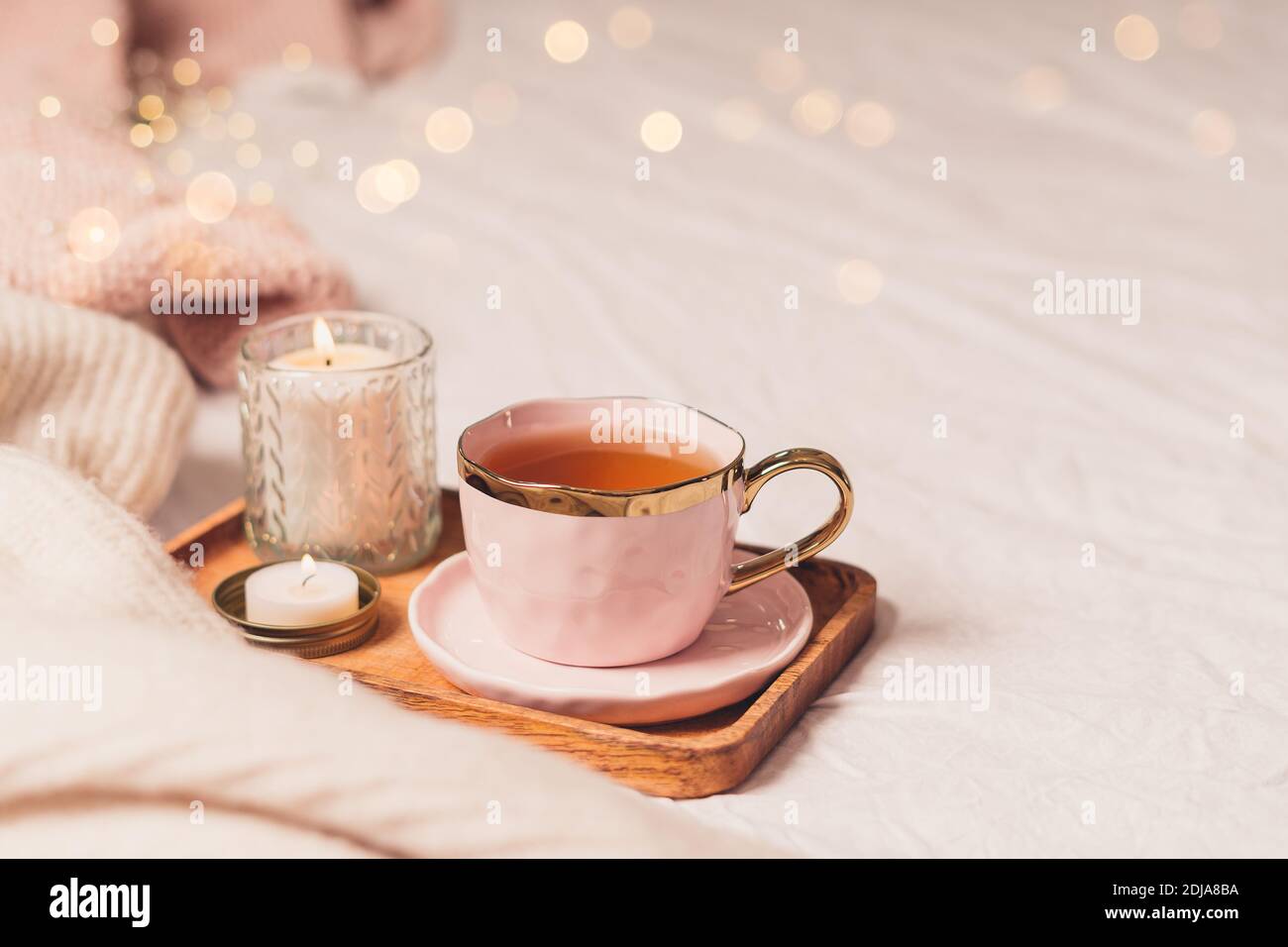 Cup of Tea, Cotton, Cozy, Book, Candle. Cosy Autumn Winter Concept