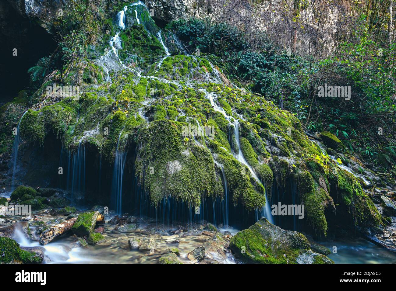 Water flowing on a big rock covered by moss. Valli del Natisone nature spectacle, Friuli Venezia Giulia, Udine province, Italy. Stock Photo