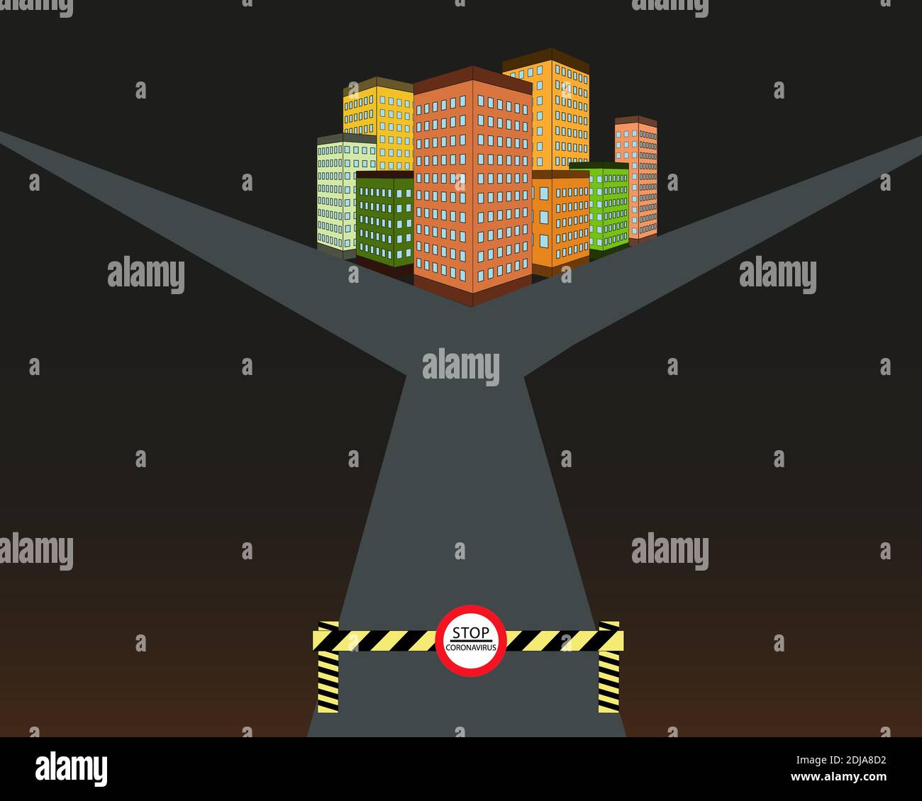 The streets of city under quarantine. Closed city road with transportable variable message sign. Flat vector illustration. Stock Vector