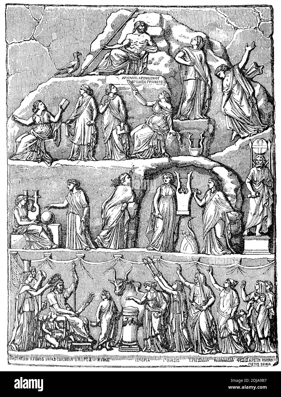 The Apotheosis of Homer is a common scene in classical and neo-classical art, showing the poet Homer's apotheosis or elevation to divine status, 1880  /  Relief Apotheose des Homer, auch Relief des Archelaos von Priene oder kurz Archelaos-Relief genannt, ist ein Weihrelief aus hellenistischer Zeit, 1880, Historisch, historical, digital improved reproduction of an original from the 19th century / digitale Reproduktion einer Originalvorlage aus dem 19. Jahrhundert, Stock Photo