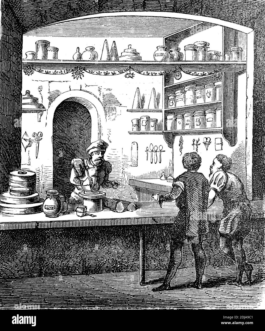 Pharmacy in France from the 16th century  /  Apotheke in Frankreich aus dem 16. Jahrhundert, Historisch, historical, digital improved reproduction of an original from the 19th century / digitale Reproduktion einer Originalvorlage aus dem 19. Jahrhundert, Stock Photo