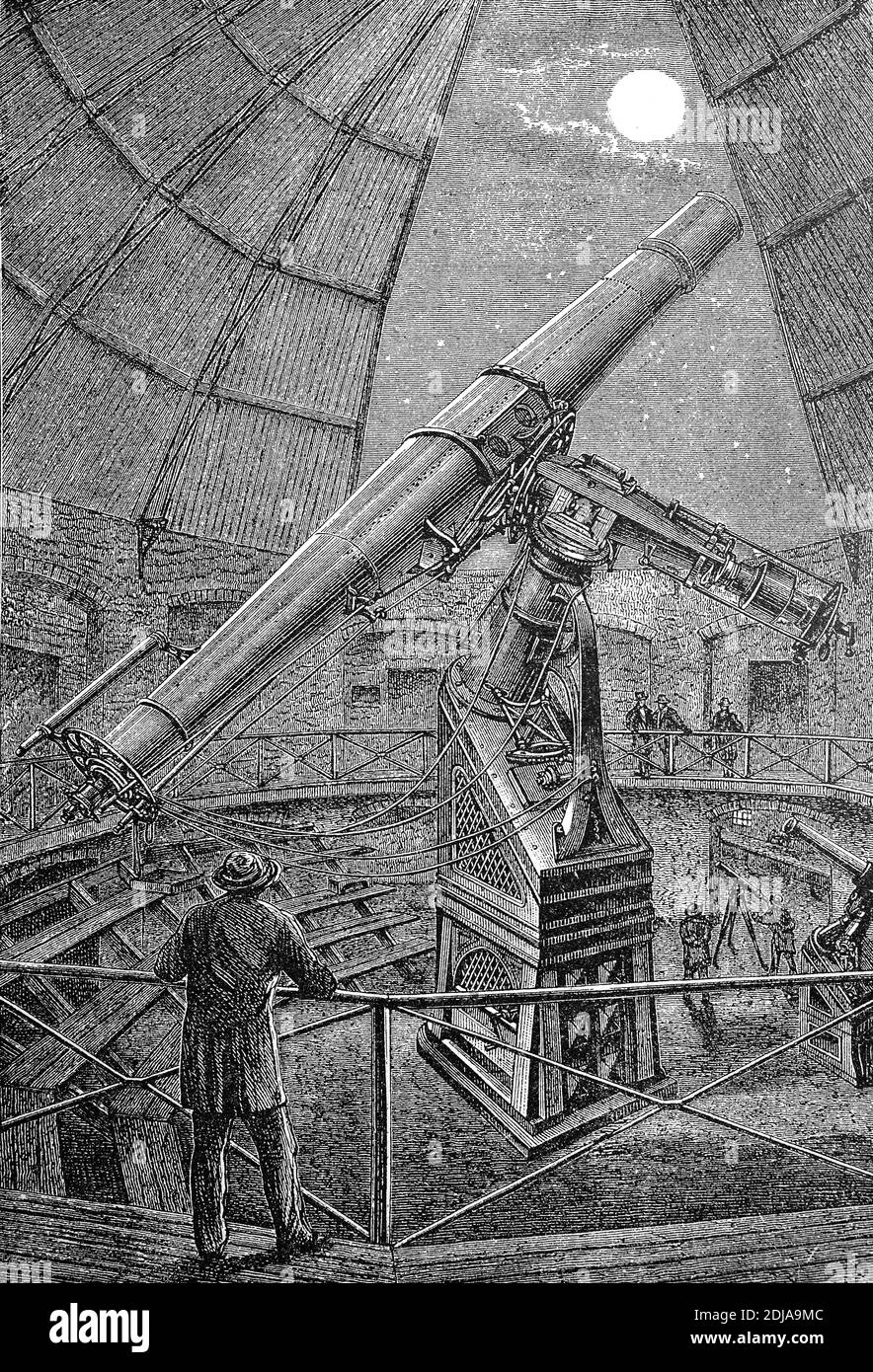 Astronomy, The Great Equatoreal, Telescope, of the Vienna Observatory, Vienna, Austria, 1890  /  Astronomie, Das große Äquatoreal, Fernrohr, der Wiener Sternwarte, Wien, Österreich, 1890, Historisch, historical, digital improved reproduction of an original from the 19th century / digitale Reproduktion einer Originalvorlage aus dem 19. Jahrhundert, Stock Photo