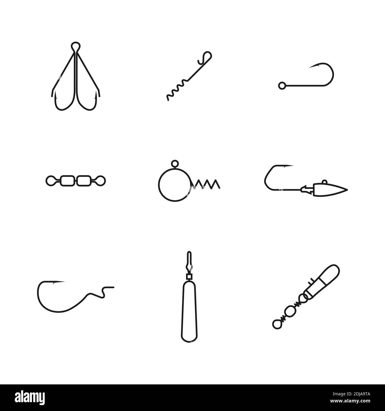 Set of spinning fishing accessories and tackles from thin lines. Various  jig heads, lead sinkers, hooks, snaps hooked and swivels, vector  illustration Stock Vector Image & Art - Alamy