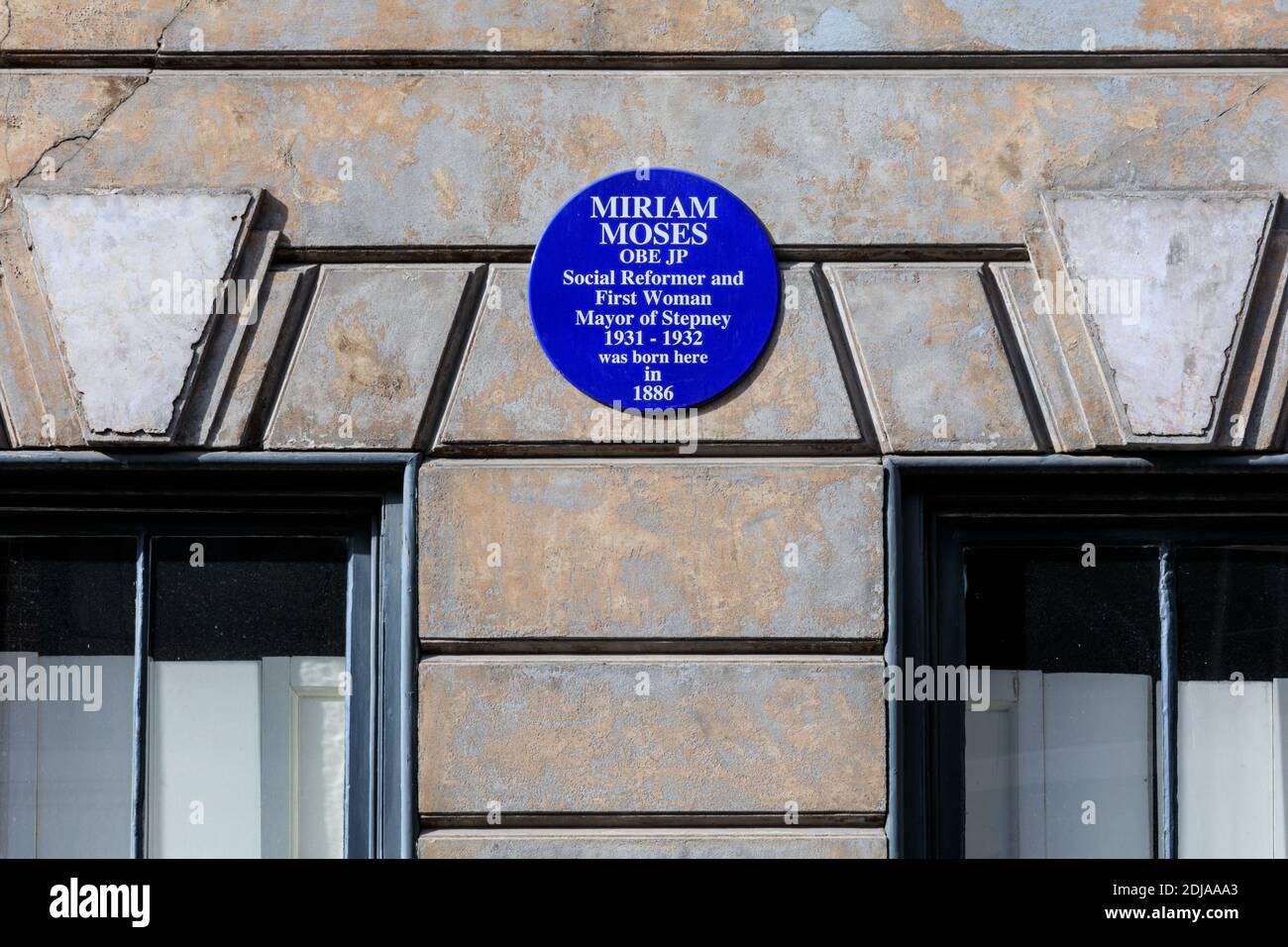 Blue plaque of Miriam Moses, OBE JP, social reformer and first woman Mayor of Stepney, in Pricelet Street, London, UK Stock Photo