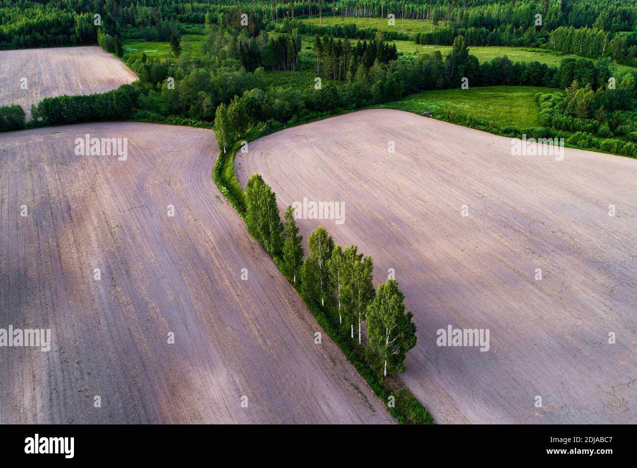 An aerial of a mosaic countryside landscape with small fields separated with bushes and trees. Stock Photo