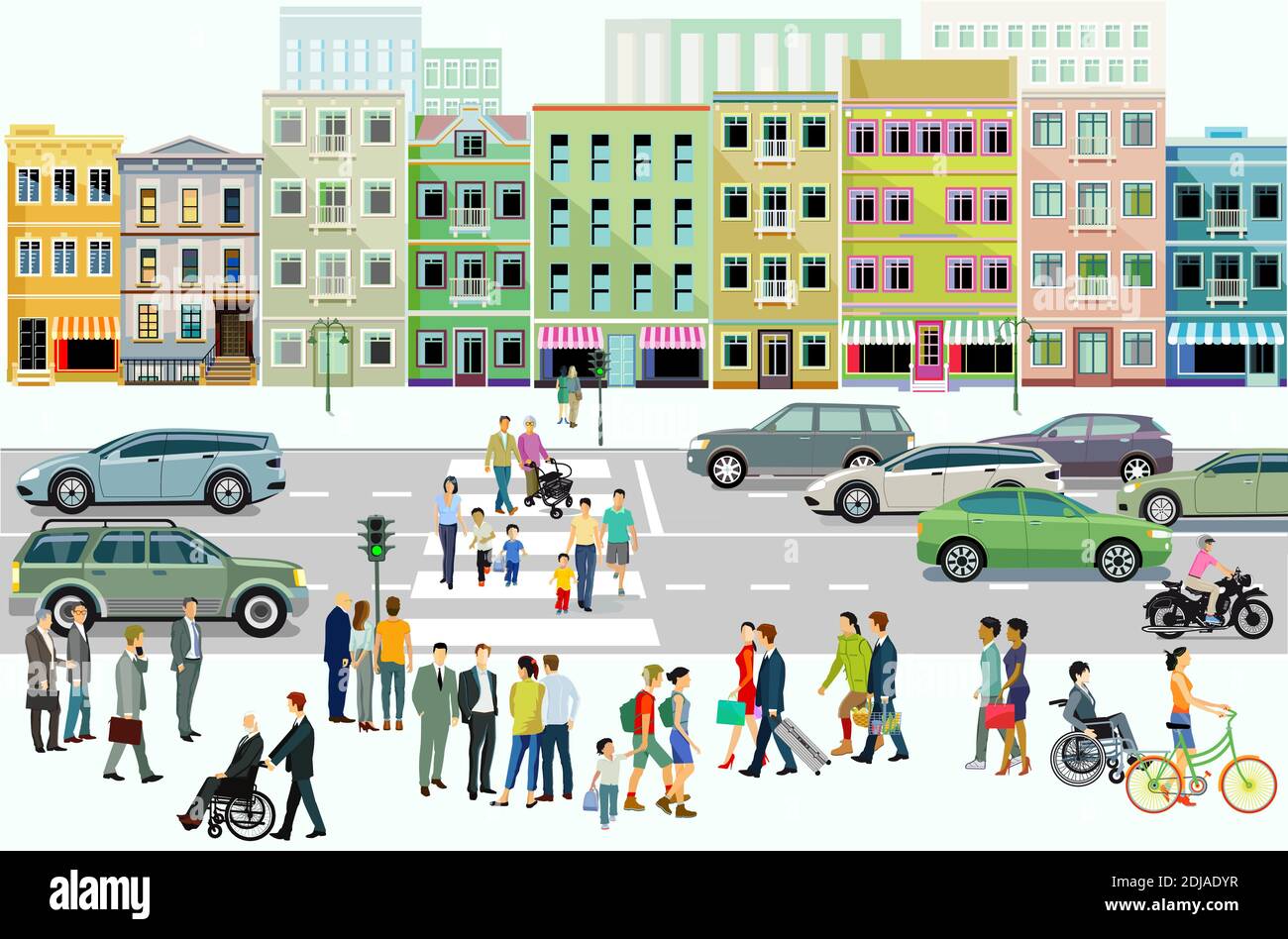 City with road traffic, apartment buildings and pedestrians on the sidewalk, illustration Stock Vector