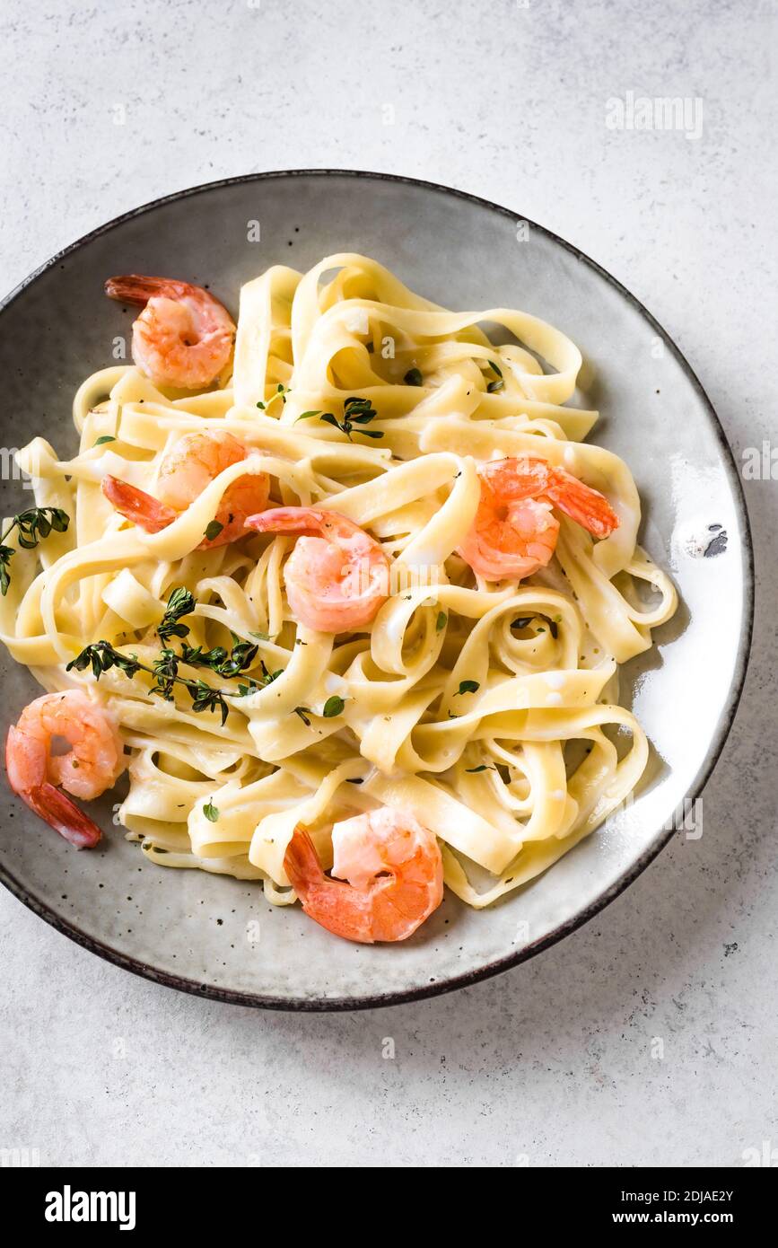 Shrimp fetticcine pasta. Italian pasta with shrimps and cream alfredo
