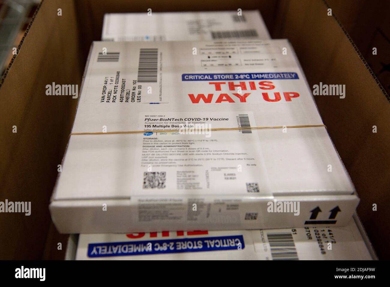 Pfizer Injection Boxes Doses of the Pfizer/BioNTech coronavirus vaccine, which are being ...