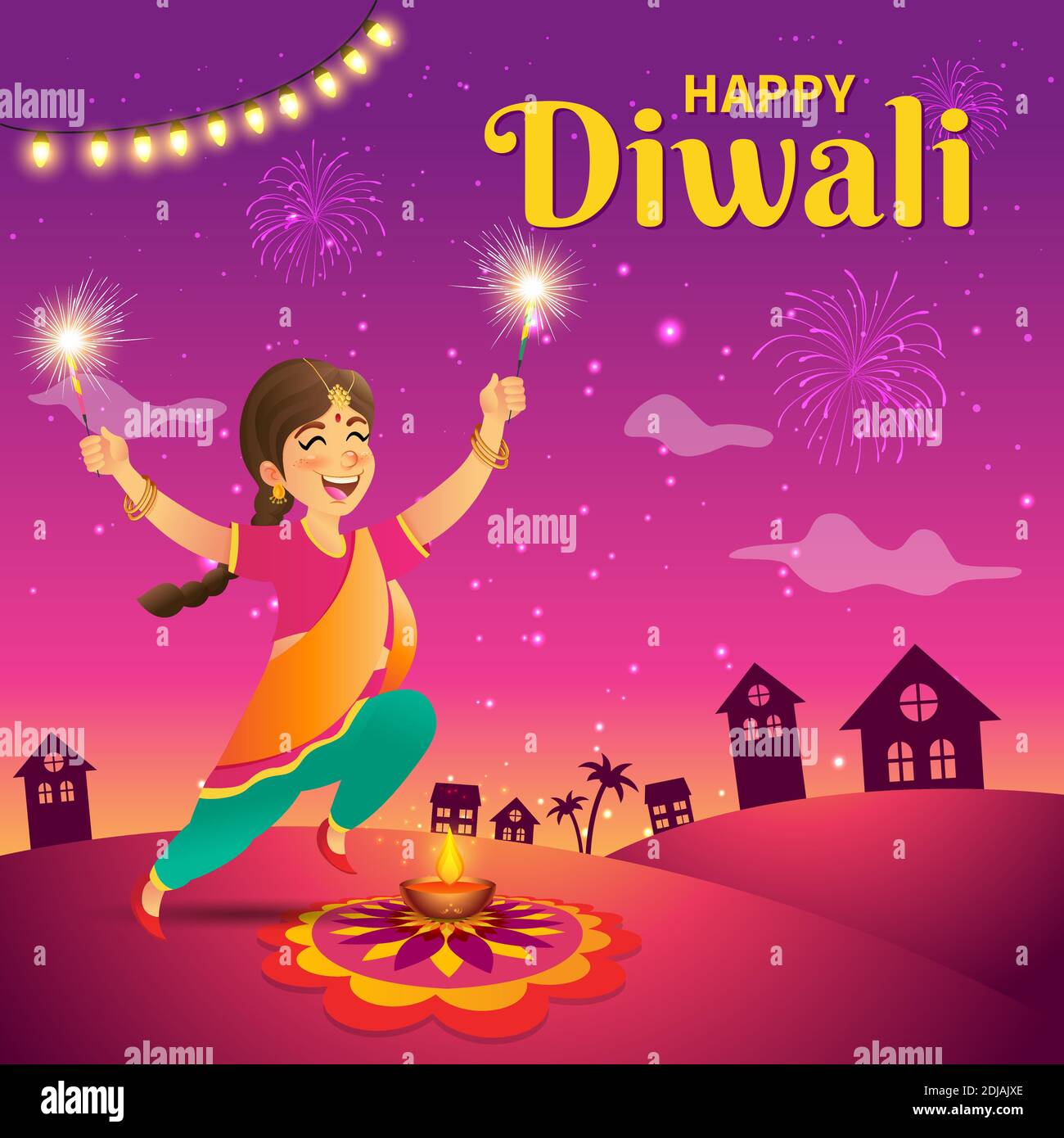 Cute cartoon indian girl in traditional clothes jumping and playing with  firecracker celebrating the festival of lights Diwali or Deepavali on sky  bac Stock Vector Image & Art - Alamy