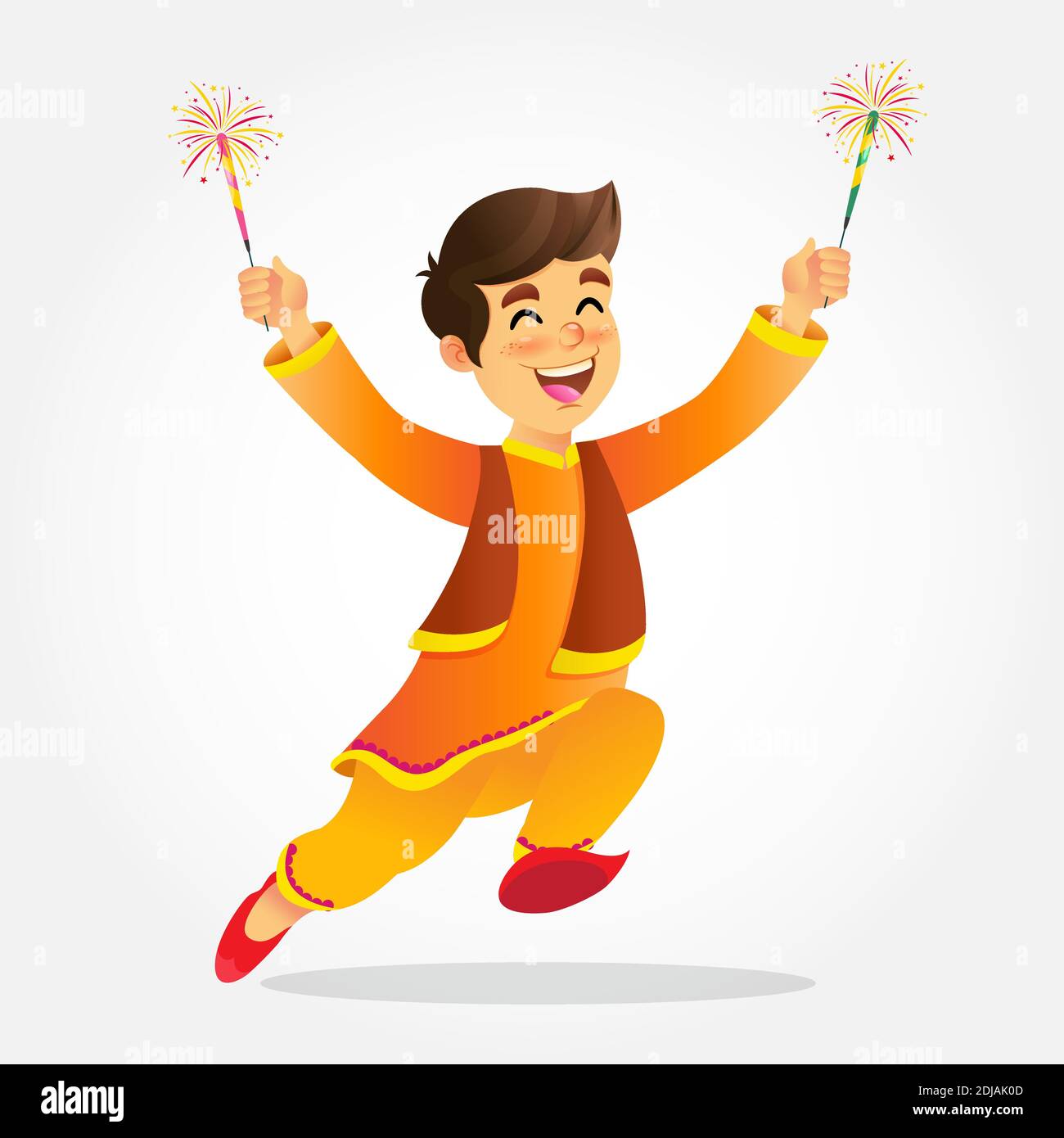 Cute cartoon indian boy in traditional clothes jumping and playing with firecracker celebrating the festival of lights Diwali or Deepavali isolated on Stock Vector