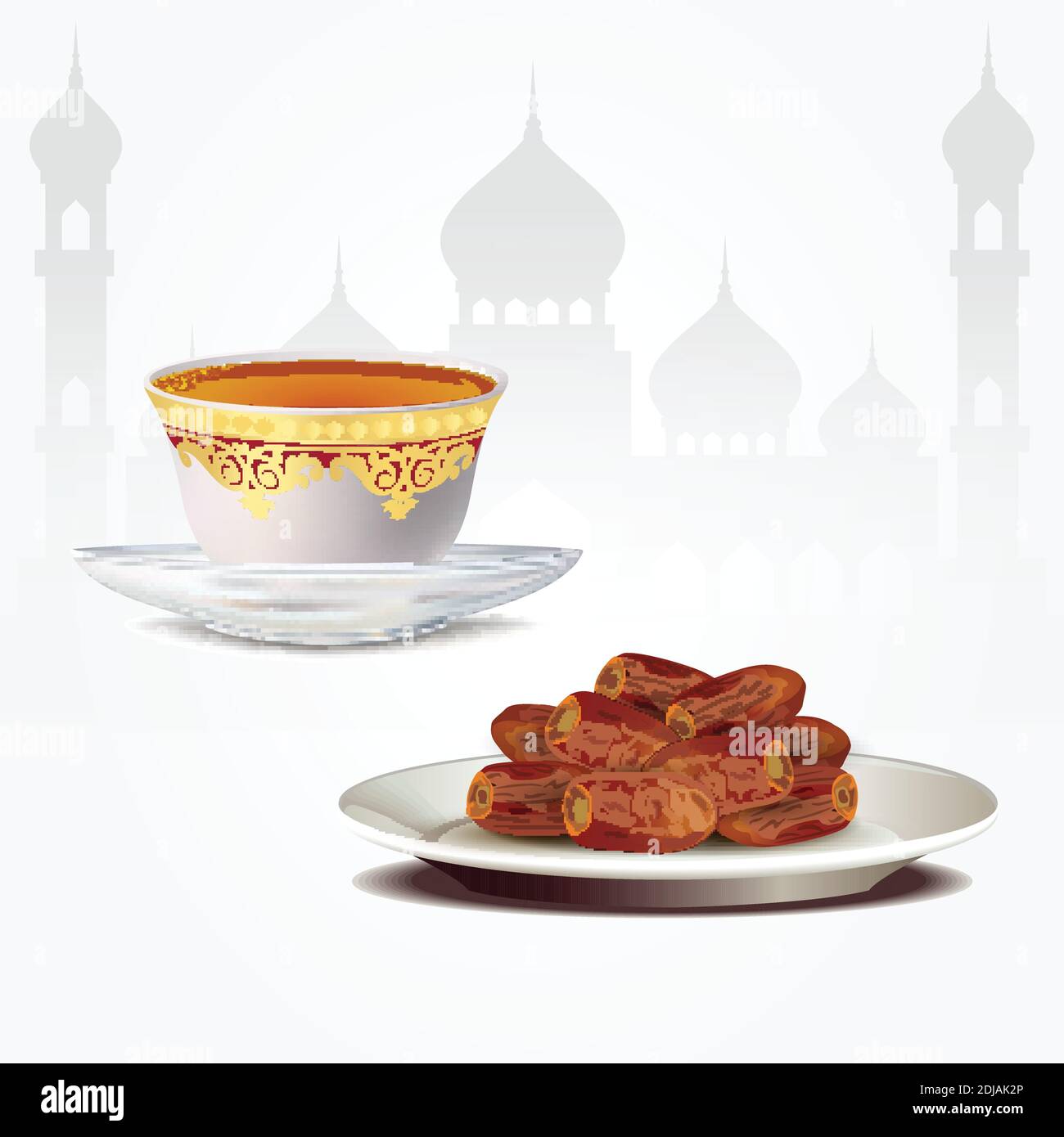 Dates fruits with arabic tea cup isolated on white background. ramadan