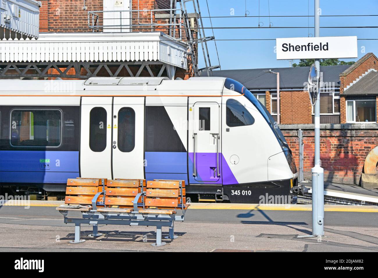 Crossrail train class 345 Bombardier Aventra Elizabeth Line passenger commuter service all station arrives Shenfield Essex from London Liverpool St UK Stock Photo