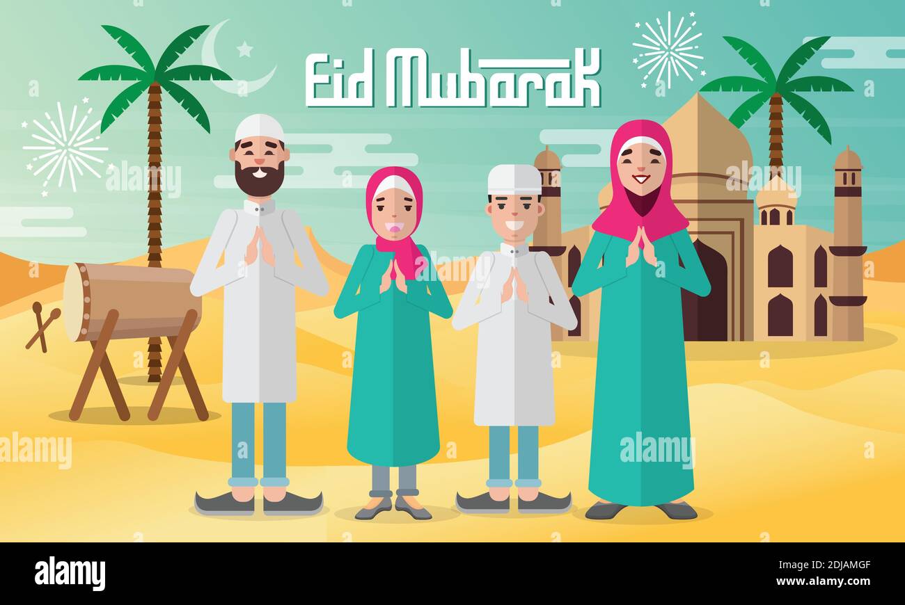 Eid Mubarak greeting card in flat style vector illustration with moslem family character with mosque, drums and palm tree on background Stock Vector