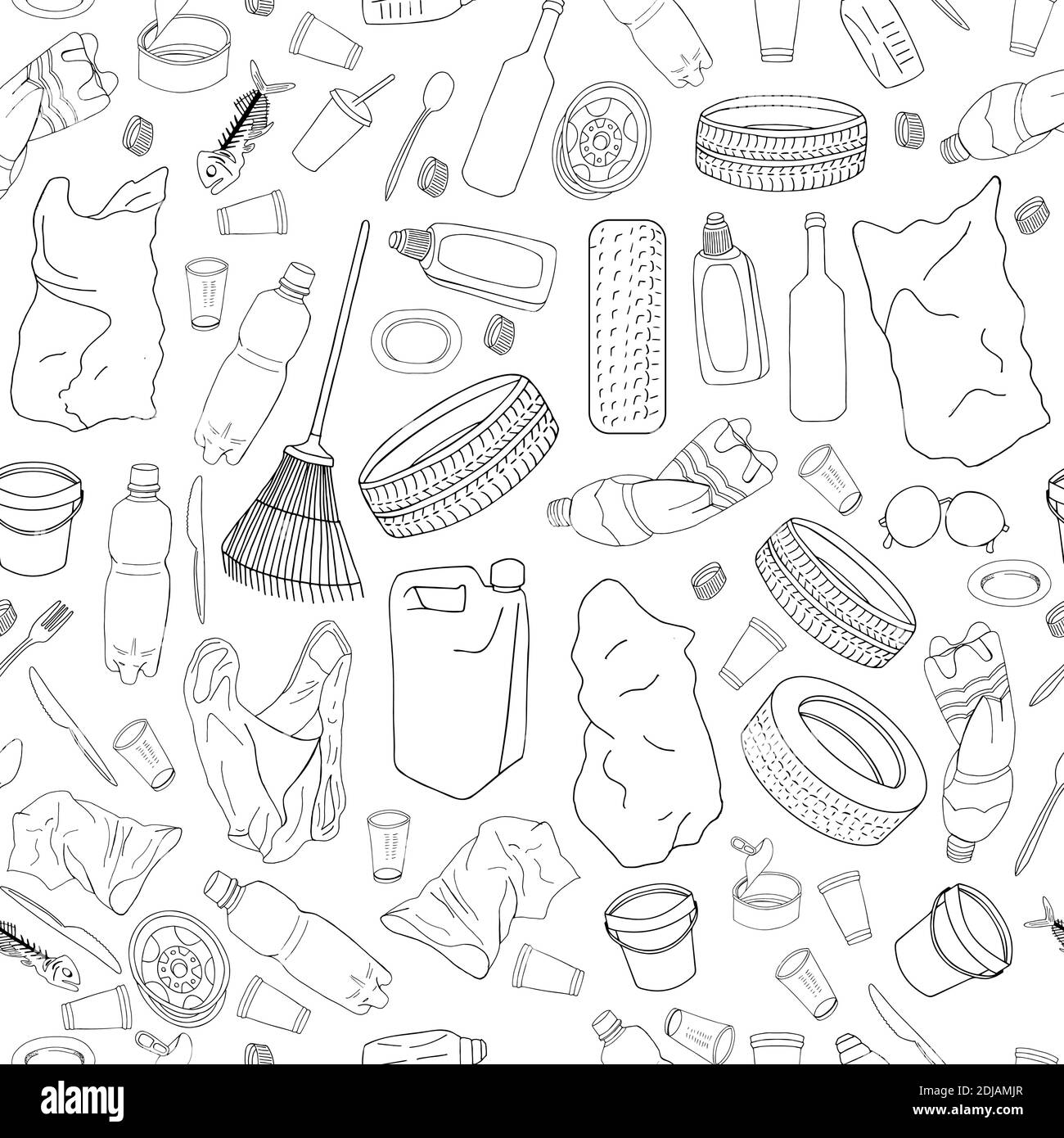 Seamless pattern with different kinds of garbage isolate on white. The concept of ecology and World Cleanup Day. Stock Vector