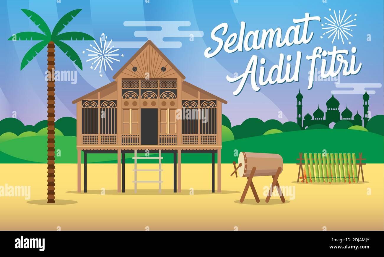 Selamat hari raya aidil fitri greeting card in flat style vector illustration with traditional malay village house / Kampung, mosque, drum and lamang Stock Vector