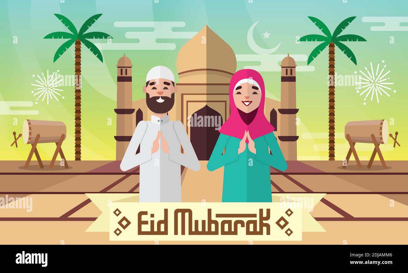 Eid Mubarak greeting card in flat style vector illustration with moslem couple character, mosque, drum and desert Stock Vector